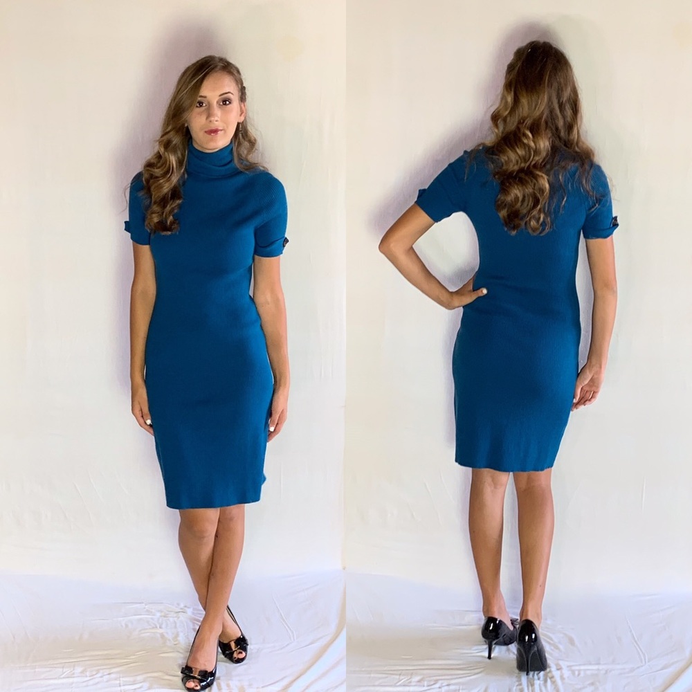 Blue turtleneck pencil dress